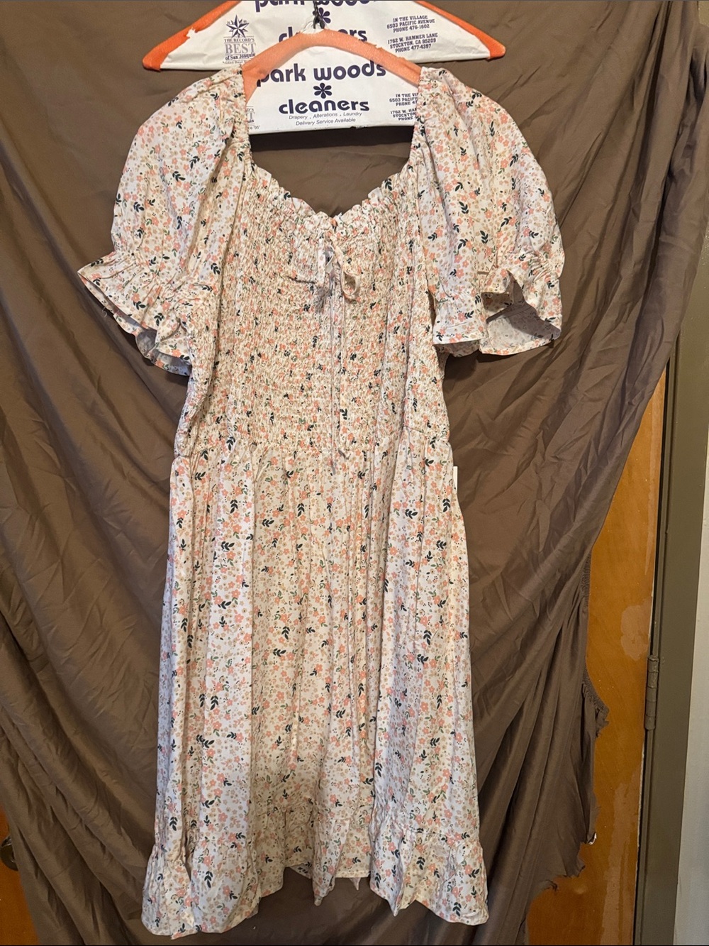 Smocked Floral Midi Dress with Puff Sleeves - Cream/Pink